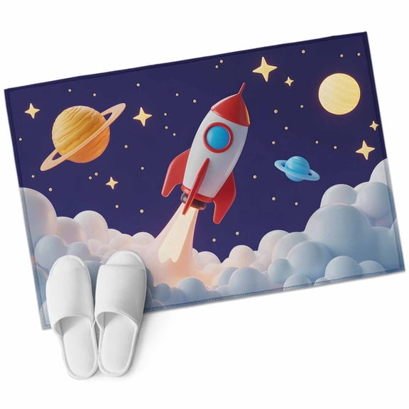 Bathroom Rugs 2x3 Ft, Cartoon Rocket Non Slip Area Rugs for Kitchen Bedroom Entryway, Funny Space Planet Blue Starry Sky Cloudy Washable Carpet Runner Rug Floor Mats for Bedroom Home Decor