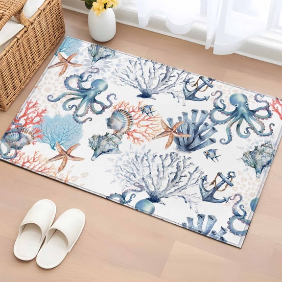 Bathroom Rugs 2x3 Ft, Coastal Ocean Non Slip Area Rugs for Kitchen Bedroom Entryway, Summer Beach Nautical Octopus Corals Washable Carpet Runner Rug Floor Mats for Bedroom Home Decor