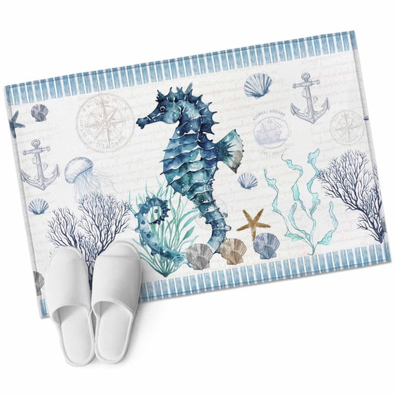 Bathroom Rugs 2x3 Ft, Coastal Seahorse Non Slip Area Rugs for Kitchen Bedroom Entryway, Nautical Starfish Shell Seaweed Anchor Washable Carpet Runner Rug Floor Mats for Bedroom Home Decor