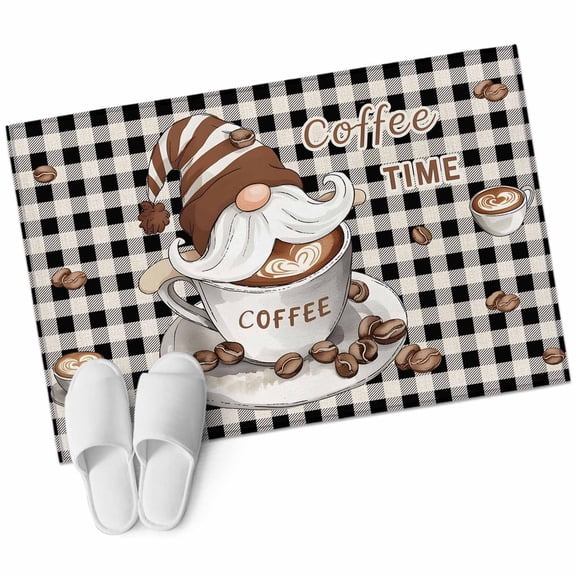 Bathroom Rugs 2x3 Ft, Coffee Gnomes Non Slip Area Rugs for Kitchen Bedroom Entryway, Farmhouse Brown Bean Plaid Black Grey Washable Carpet Runner Rug Floor Mats for Bedroom Home Decor