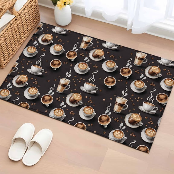 Bathroom Rugs 2x3 Ft, Coffee Non Slip Area Rugs for Kitchen Bedroom Entryway, Hot Cafe Cup Beans Modern Retro Black Washable Carpet Runner Rug Floor Mats for Bedroom Home Decor