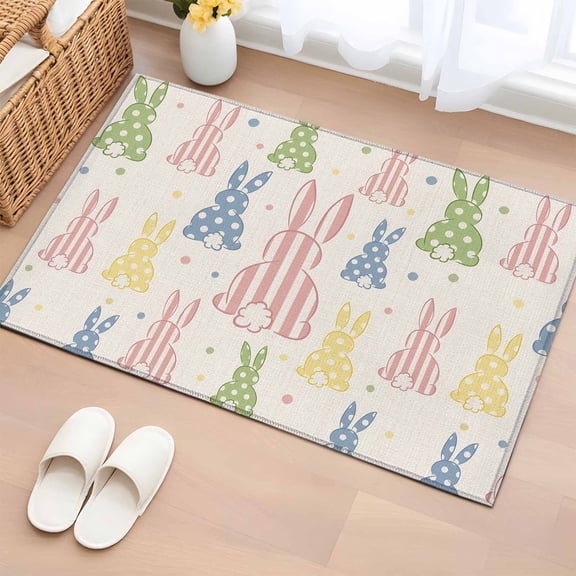 Bathroom Rugs 2x3 Ft, Colorful Bunny Non Slip Area Rugs for Kitchen Bedroom Entryway, Stripes Polka Dot Rabbits Vintage Washable Carpet Runner Rug Floor Mats for Bedroom Home Decor