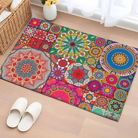Bathroom Rugs 2x3 Ft, Colorful Ethnic Non Slip Area Rugs for Kitchen Bedroom Entryway, Modern Abstract National Geometric Red Washable Carpet Runner Rug Floor Mats for Bedroom Home Decor