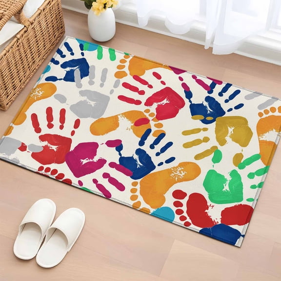 Bathroom Rugs 2x3 Ft, Colorful Handprints Non Slip Area Rugs for Kitchen Bedroom Entryway, Rainbow Abstract Hand Foot Prints Washable Carpet Runner Rug Floor Mats for Bedroom Home Decor