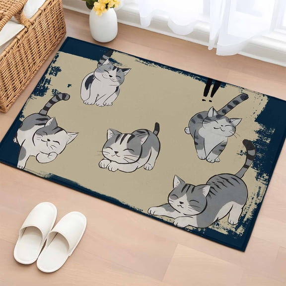 Bathroom Rugs 2x3 Ft, Cute Cat Non Slip Area Rugs for Kitchen Bedroom Entryway, Navy Blue Beige Vintage Animal Washable Carpet Runner Rug Floor Mats for Bedroom Home Decor
