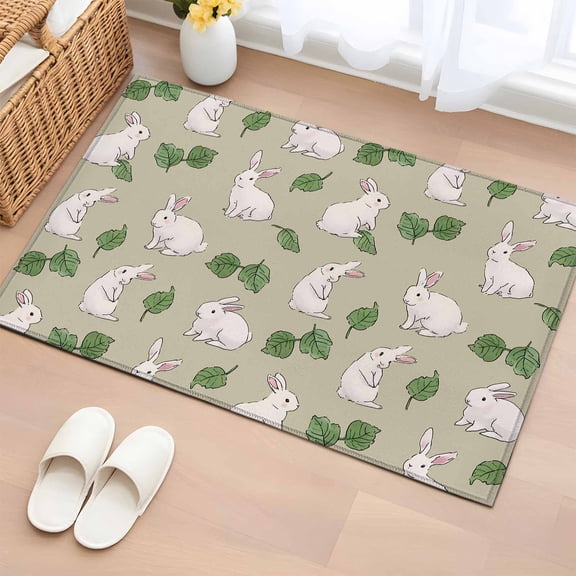 Bathroom Rugs 2x3 Ft, Cute Rabbits Non Slip Area Rugs for Kitchen Bedroom Entryway, Country Leaves Botanical Cartoon Bunny Beige Washable Carpet Runner Rug Floor Mats for Bedroom Home Decor