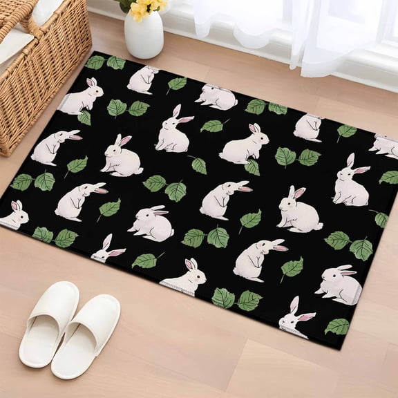 Bathroom Rugs 2x3 Ft, Cute Rabbits Non Slip Area Rugs for Kitchen Bedroom Entryway, Country Leaves Plants Cartoon Bunny Black Washable Carpet Runner Rug Floor Mats for Bedroom Home Decor