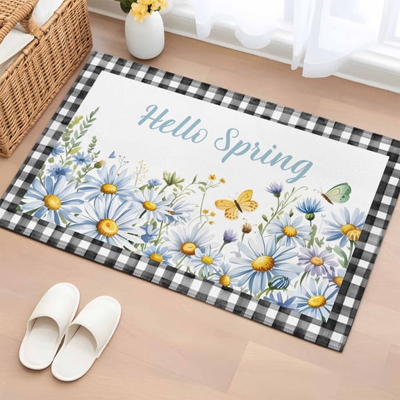Bathroom Rugs 2x3 Ft, Daisy Floral Non Slip Area Rugs for Kitchen Bedroom Entryway, Spring Country Flower Butterflies Black Plaid Washable Carpet Runner Rug Floor Mats for Bedroom Home Decor