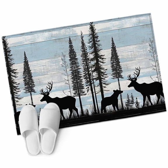 Bathroom Rugs 2x3 Ft, Deer Bear Non Slip Area Rugs for Kitchen Bedroom Entryway, Retro Farmhouse Trees Forest Wooden Grain Washable Carpet Runner Rug Floor Mats for Bedroom Home Decor