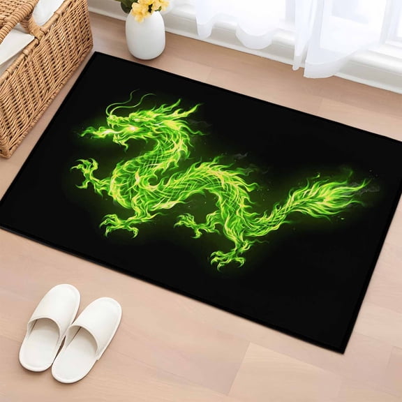 Bathroom Rugs 2x3 Ft, Dragon Flames Non Slip Area Rugs for Kitchen Bedroom Entryway, Green Dragons Abstract Modern Art Washable Carpet Runner Rug Floor Mats for Bedroom Home Decor