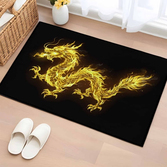 Bathroom Rugs 2x3 Ft, Dragon Flames Non Slip Area Rugs for Kitchen Bedroom Entryway, Yellow Dragons Abstract Modern Art Washable Carpet Runner Rug Floor Mats for Bedroom Home Decor