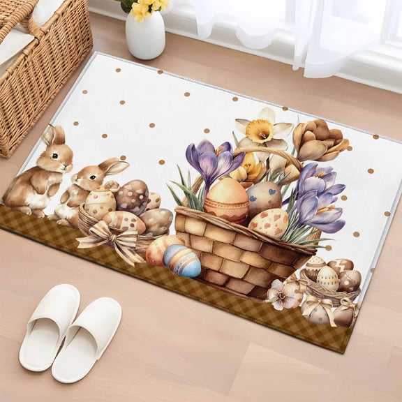 Bathroom Rugs 2x3 Ft, Easter Bunny Non Slip Area Rugs for Kitchen Bedroom Entryway, Brown Eggs Floral Rabbits Farmhouse Dots Plaid Washable Carpet Runner Rug Floor Mats for Bedroom Home Decor