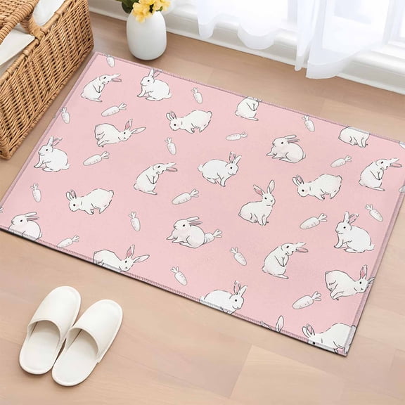 Bathroom Rugs 2x3 Ft, Easter Bunny Non Slip Area Rugs for Kitchen Bedroom Entryway, Cartoon Carrots Cute Rabbits Sketch Pink Washable Carpet Runner Rug Floor Mats for Bedroom Home Decor