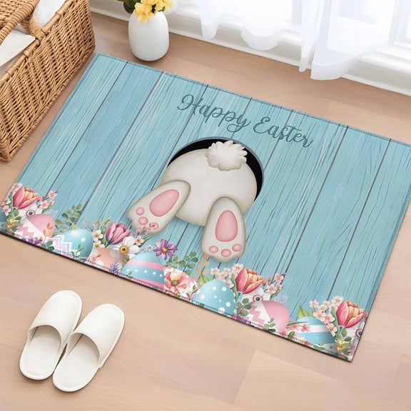 Bathroom Rugs 2x3 Ft, Easter Bunny Non Slip Area Rugs for Kitchen Bedroom Entryway, Colorful Eggs Cute Rabbit Blue Country Wooden Washable Carpet Runner Rug Floor Mats for Bedroom Home Decor