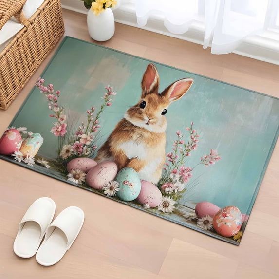 Bathroom Rugs 2x3 Ft, Easter Bunny Non Slip Area Rugs for Kitchen Bedroom Entryway, Colorful Eggs Rabbits Spring Daisy Flowers Washable Carpet Runner Rug Floor Mats for Bedroom Home Decor