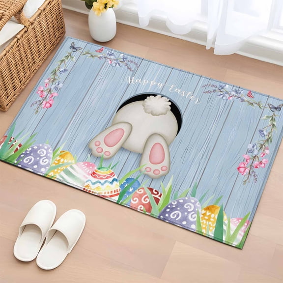 Bathroom Rugs 2x3 Ft, Easter Bunny Non Slip Area Rugs for Kitchen Bedroom Entryway, Cute Rabbit Colorful Eggs Rustic Blue Wooden Washable Carpet Runner Rug Floor Mats for Bedroom Home Decor