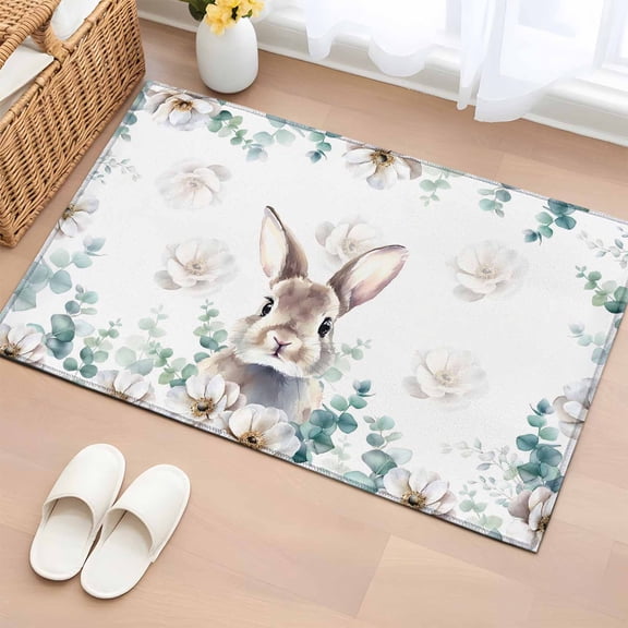 Bathroom Rugs 2x3 Ft, Easter Bunny Non Slip Area Rugs for Kitchen Bedroom Entryway, Eucalyptus Leaves Cute Rabbit White Flowers Washable Carpet Runner Rug Floor Mats for Bedroom Home Decor