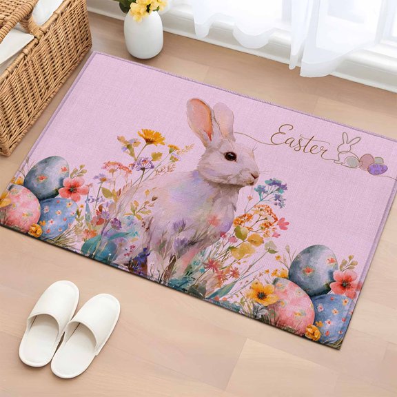 Bathroom Rugs 2x3 Ft, Easter Bunny Non Slip Area Rugs for Kitchen Bedroom Entryway, Pink Rabbit Spring Flowers Leaves Rustic Plants Washable Carpet Runner Rug Floor Mats for Bedroom Home Decor