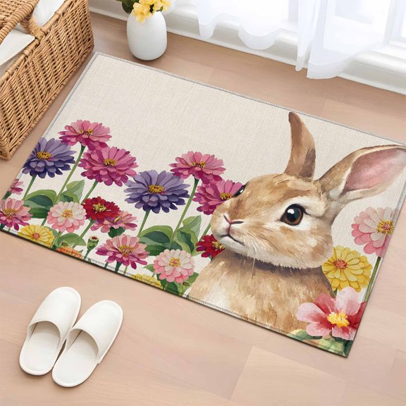 Bathroom Rugs 2x3 Ft, Easter Bunny Non Slip Area Rugs for Kitchen Bedroom Entryway, Spring Colorful Daisy Flowers Rabbit Vintage Washable Carpet Runner Rug Floor Mats for Bedroom Home Decor