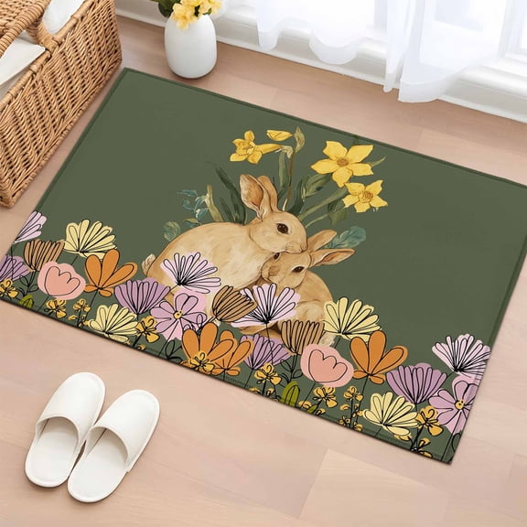 Bathroom Rugs 2x3 Ft, Easter Bunny Non Slip Area Rugs for Kitchen Bedroom Entryway, Spring Floral Vintage Botanical Rabbits Green Washable Carpet Runner Rug Floor Mats for Bedroom Home Decor