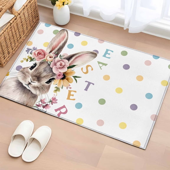 Bathroom Rugs 2x3 Ft, Easter Cute Bunny Non Slip Area Rugs for Kitchen Bedroom Entryway, Farmhouse Polka Dot Rabbit Washable Carpet Runner Rug Floor Mats for Bedroom Home Decor