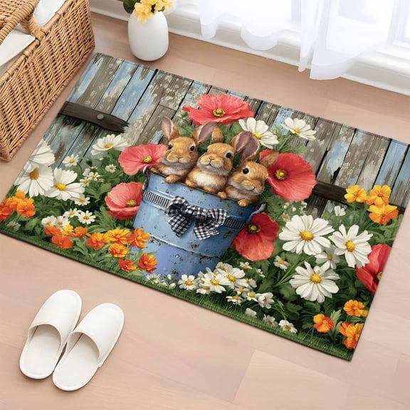 Bathroom Rugs 2x3 Ft, Easter Non Slip Area Rugs for Kitchen Bedroom Entryway, Retro Spring Rabbit Flowers Plants Wooden Plank Washable Carpet Runner Rug Floor Mats for Bedroom Home Decor