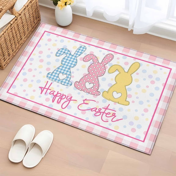 Bathroom Rugs 2x3 Ft, Easter Non Slip Area Rugs for Kitchen Bedroom Entryway, Spring Polka Dot Bunny Pink Plaid Checkered Washable Carpet Runner Rug Floor Mats for Bedroom Home Decor