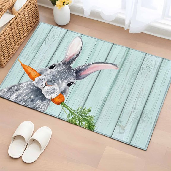 Bathroom Rugs 2x3 Ft, Easter Non Slip Area Rugs for Kitchen Bedroom Entryway, Spring Rabbit Botanical Carrots Green Wooden Grain Washable Carpet Runner Rug Floor Mats for Bedroom Home Decor
