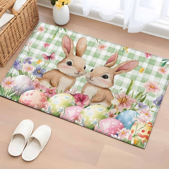 Bathroom Rugs 2x3 Ft, Easter Non Slip Area Rugs for Kitchen Bedroom Entryway, Spring Rabbit Eggs Flower Butterfly Green Plaid Washable Carpet Runner Rug Floor Mats for Bedroom Home Decor