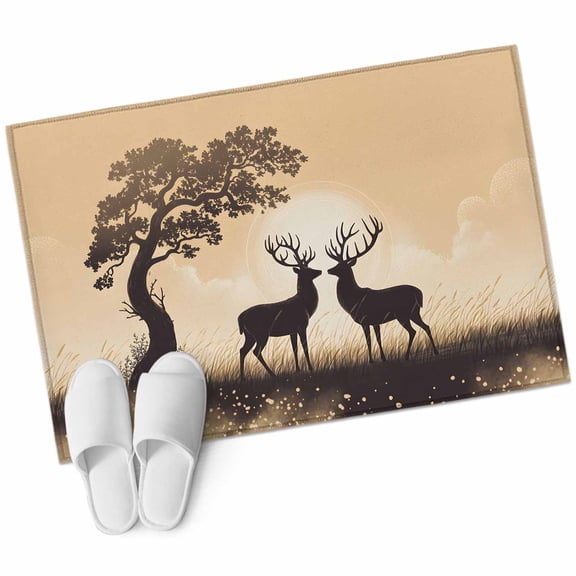 Bathroom Rugs 2x3 Ft, Elk Silhouette Non Slip Area Rugs for Kitchen Bedroom Entryway, Sunset Animal Antlers Forest Tree Retro Washable Carpet Runner Rug Floor Mats for Bedroom Home Decor