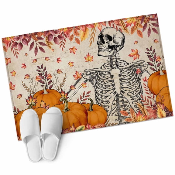 Bathroom Rugs 2x3 Ft, Fall Pumpkins Non Slip Area Rugs for Kitchen Bedroom Entryway, Skull Maple Leaf Botanical Vintage Washable Carpet Runner Rug Floor Mats for Bedroom Home Decor