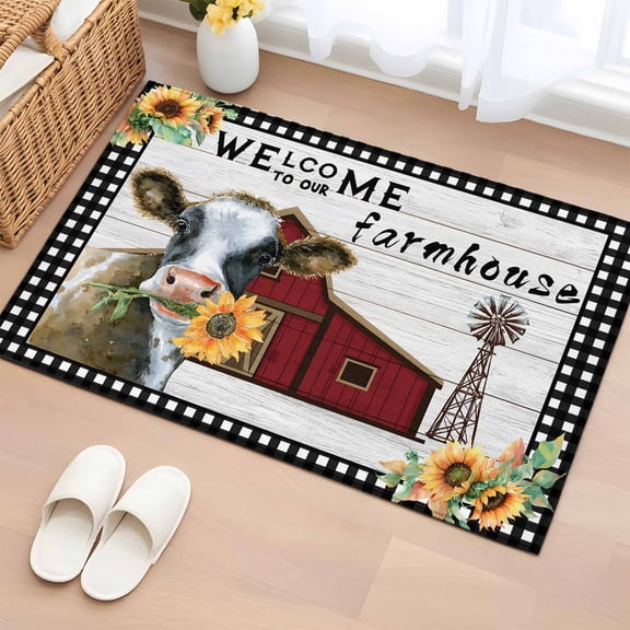 Bathroom Rugs 2x3 Ft, Farm Cow Non Slip Area Rugs for Kitchen Bedroom Entryway, Country Cabin Red Barn Animals Sunflowers Plaid Washable Carpet Runner Rug Floor Mats for Bedroom Home Decor