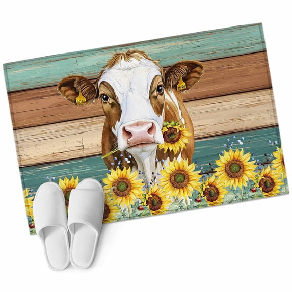 Bathroom Rugs 2x3 Ft, Farmhouse Cow Non Slip Area Rugs for Kitchen Bedroom Entryway, Vintage Country Sunflower Teal Brown Wooden Washable Carpet Runner Rug Floor Mats for Bedroom Home Decor