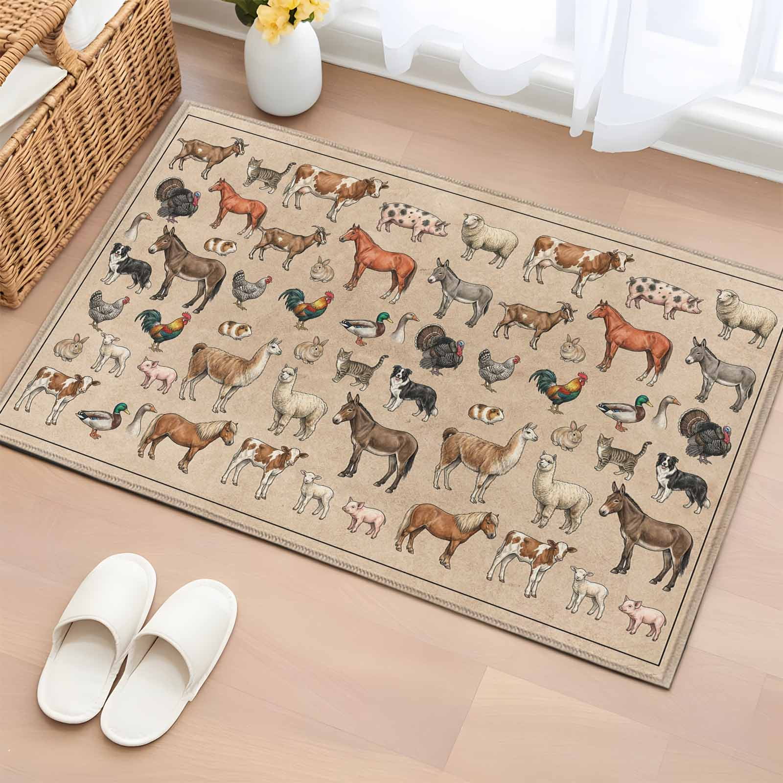 Bathroom Rugs 2x3 Ft, Farmhouse Non Slip Area Rugs for Kitchen Bedroom Entryway, Vintage Country Farm Animals Brown Washable Carpet Runner Rug Floor Mats for Bedroom Home Decor