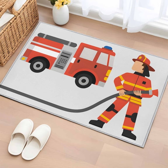 Bathroom Rugs 2x3 Ft, Firefighters Non Slip Area Rugs for Kitchen Bedroom Entryway, Cartoon Red Uniform Fire Truck Grey Washable Carpet Runner Rug Floor Mats for Bedroom Home Decor