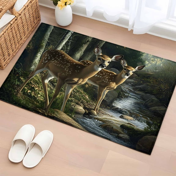 Bathroom Rugs 2x3 Ft, Forest Deer Non Slip Area Rugs for Kitchen Bedroom Entryway, Farmhouse Elk River Washable Carpet Runner Rug Floor Mats for Bedroom Home Decor
