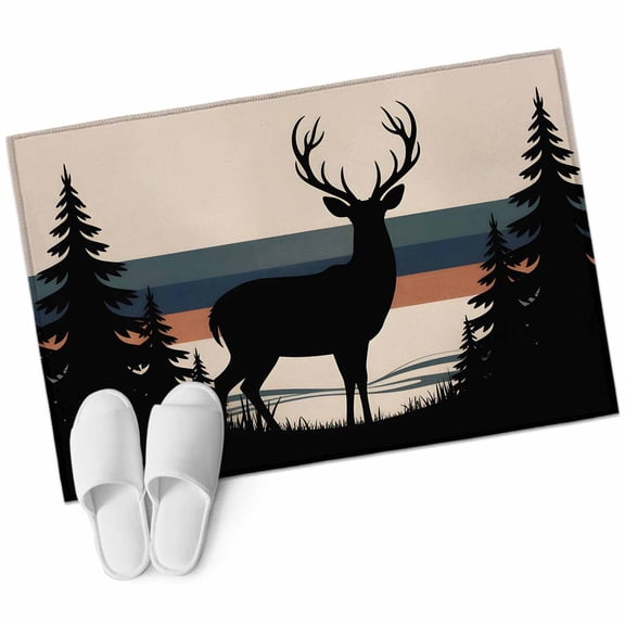 Bathroom Rugs 2x3 Ft, Forest Elk Non Slip Area Rugs for Kitchen Bedroom Entryway, Animal Antlers Silhouette Tree Stripes Washable Carpet Runner Rug Floor Mats for Bedroom Home Decor