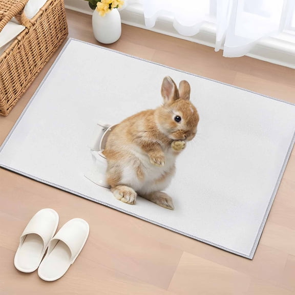 Bathroom Rugs 2x3 Ft, Funny Bunny Non Slip Area Rugs for Kitchen Bedroom Entryway, Cute Art Fun Lovely Animals on Toilets Washable Carpet Runner Rug Floor Mats for Bedroom Home Decor