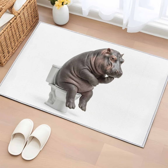 Bathroom Rugs 2x3 Ft, Funny Hippos Non Slip Area Rugs for Kitchen Bedroom Entryway, Cute Art Fun Lovely Animals on Toilets Washable Carpet Runner Rug Floor Mats for Bedroom Home Decor