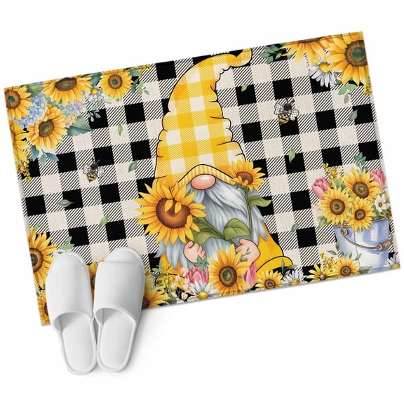Bathroom Rugs 2x3 Ft, Gnomes Plaid Non Slip Area Rugs for Kitchen Bedroom Entryway, Yellow Sunflower Farmhouse Bee Black Check Washable Carpet Runner Rug Floor Mats for Bedroom Home Decor