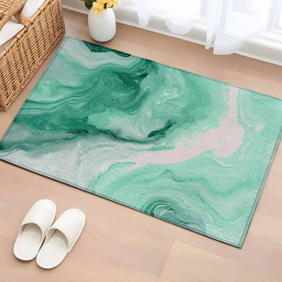 Bathroom Rugs 2x3 Ft, Green Marble Non Slip Area Rugs for Kitchen Bedroom Entryway, Summer Ocean Wave Green Ombre Washable Carpet Runner Rug Floor Mats for Bedroom Home Decor