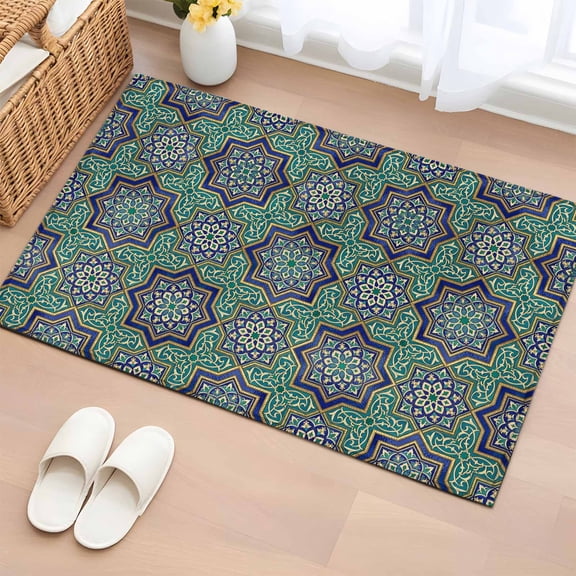 Bathroom Rugs 2x3 Ft, Green Mediterranean Non Slip Area Rugs for Kitchen Bedroom Entryway, Vintage Abstract Geometric Floral Texture Washable Carpet Runner Rug Floor Mats for Bedroom Home Decor