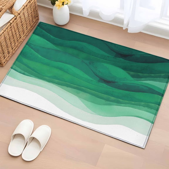 Bathroom Rugs 2x3 Ft, Green Ombre Non Slip Area Rugs for Kitchen Bedroom Entryway, Modern Ocean Waves Abstract Moire Art Washable Carpet Runner Rug Floor Mats for Bedroom Home Decor