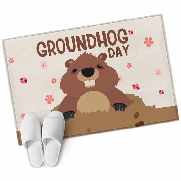 Bathroom Rugs 2x3 Ft, Groundhog Day Non Slip Area Rugs for Kitchen Bedroom Entryway, Pink Cherry Blossom Cartoon Animals Vintage Washable Carpet Runner Rug Floor Mats for Bedroom Home Decor