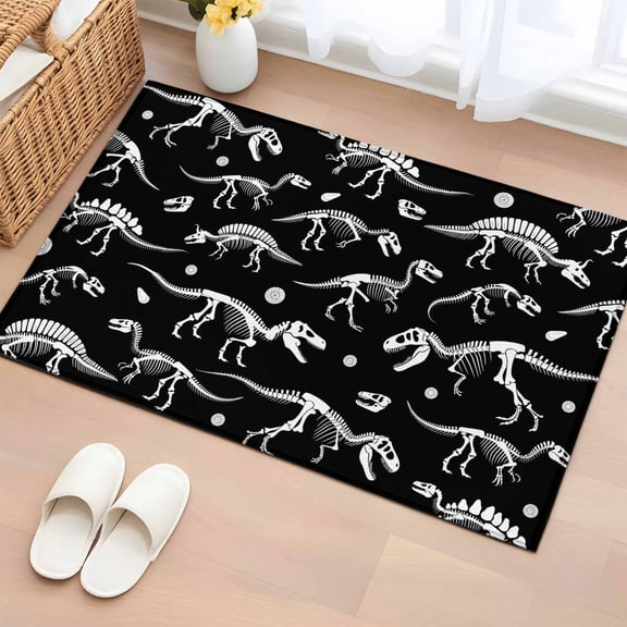 Bathroom Rugs 2x3 Ft, Halloween Dinosaur Black Non Slip Area Rugs for Kitchen Bedroom Entryway, Funny Dino Skull Boys Girls Children Washable Carpet Runner Rug Floor Mats for Bedroom Home Decor