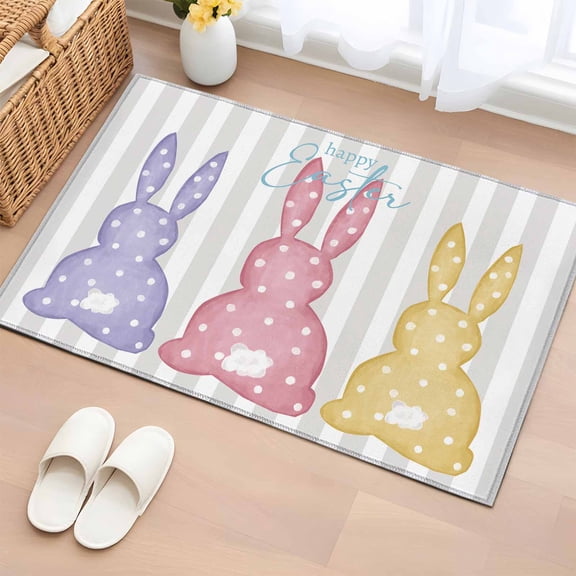 Bathroom Rugs 2x3 Ft, Happy Easter Bunny Non Slip Area Rugs for Kitchen Bedroom Entryway, Farmhouse Stripes Polka Dot Rabbits Washable Carpet Runner Rug Floor Mats for Bedroom Home Decor