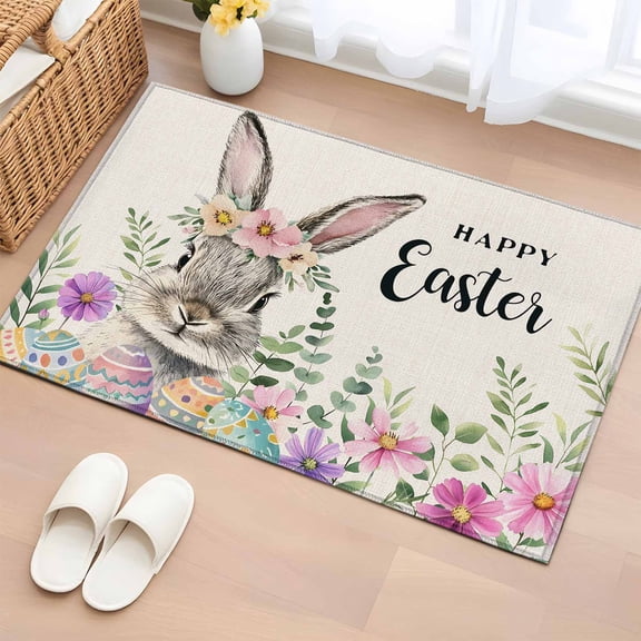 Bathroom Rugs 2x3 Ft, Happy Easter Bunny Non Slip Area Rugs for Kitchen Bedroom Entryway, Spring Floral Rabbit Vintage Washable Carpet Runner Rug Floor Mats for Bedroom Home Decor