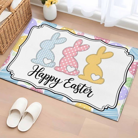 Bathroom Rugs 2x3 Ft, Happy Easter Non Slip Area Rugs for Kitchen Bedroom Entryway, Cute Lovely Colorful Rabbits Silhouette Eggs Washable Carpet Runner Rug Floor Mats for Bedroom Home Decor