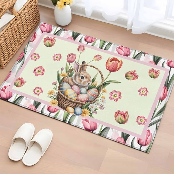 Bathroom Rugs 2x3 Ft, Happy Easter Non Slip Area Rugs for Kitchen Bedroom Entryway, Spring Bunny Easter Eggs Pink Tulips Washable Carpet Runner Rug Floor Mats for Bedroom Home Decor