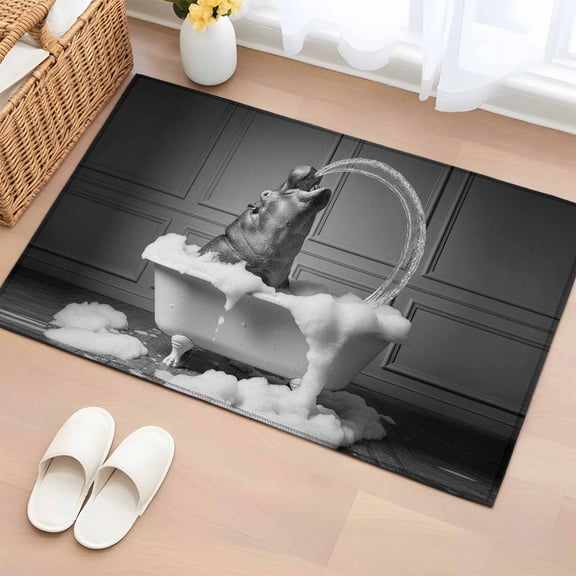 Bathroom Rugs 2x3 Ft, Hippo Non Slip Area Rugs for Kitchen Bedroom Entryway, Funny Animal Bathtub Abstract Art Grey Washable Carpet Runner Rug Floor Mats for Bedroom Home Decor